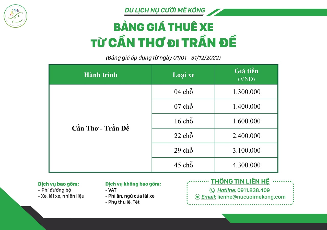 Bảng giá thuê xe Cần Thơ đi Trần Đề Sóc Trăng 2022