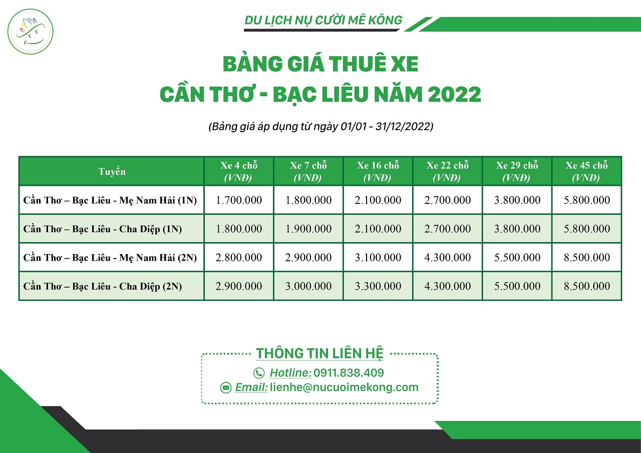 Bảng giá thuê xe du lịch đi Bạc Liêu từ Cần Thơ 2022