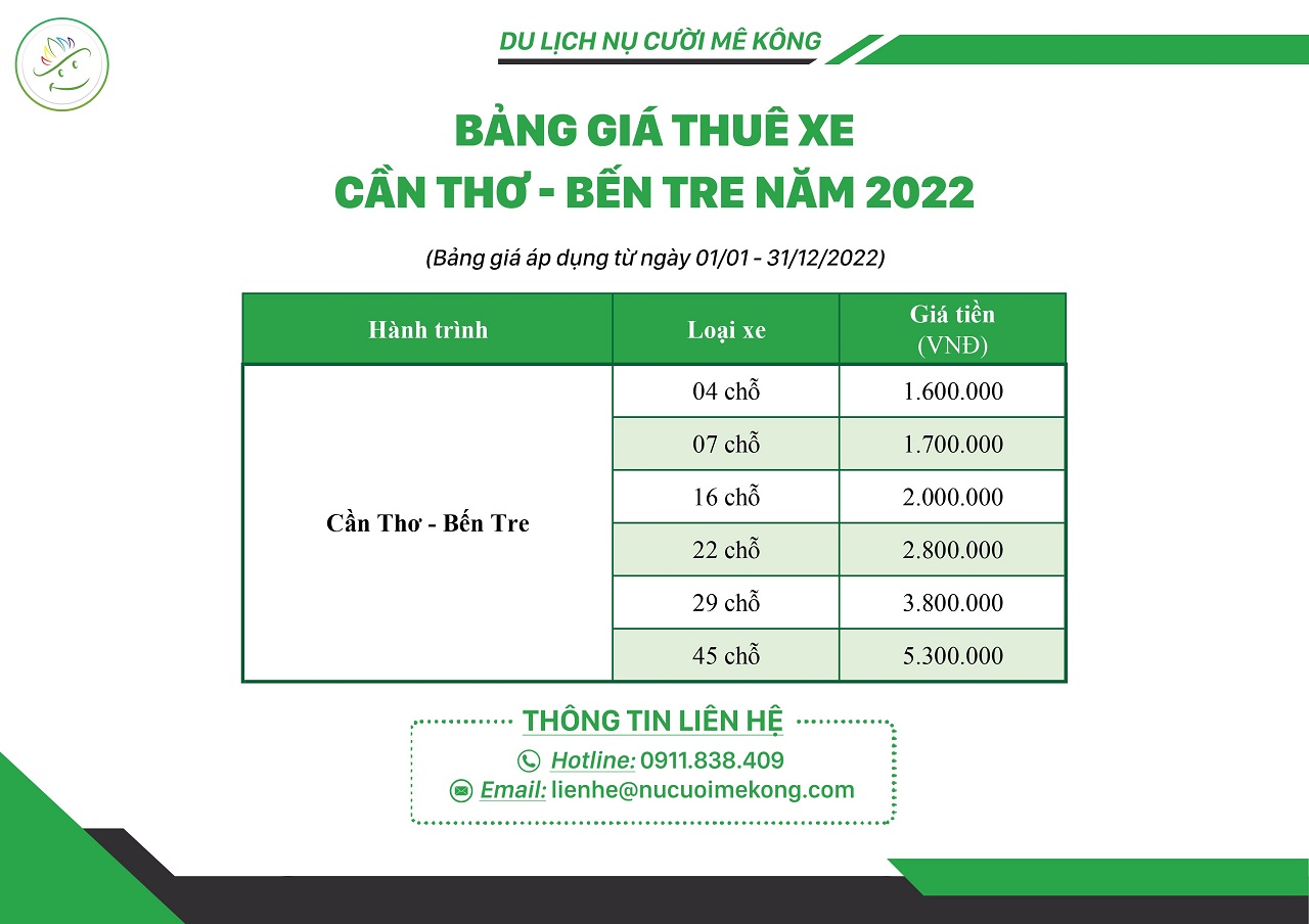 Bảng giá thuê xe Cần Thơ Bến Tre năm 2022