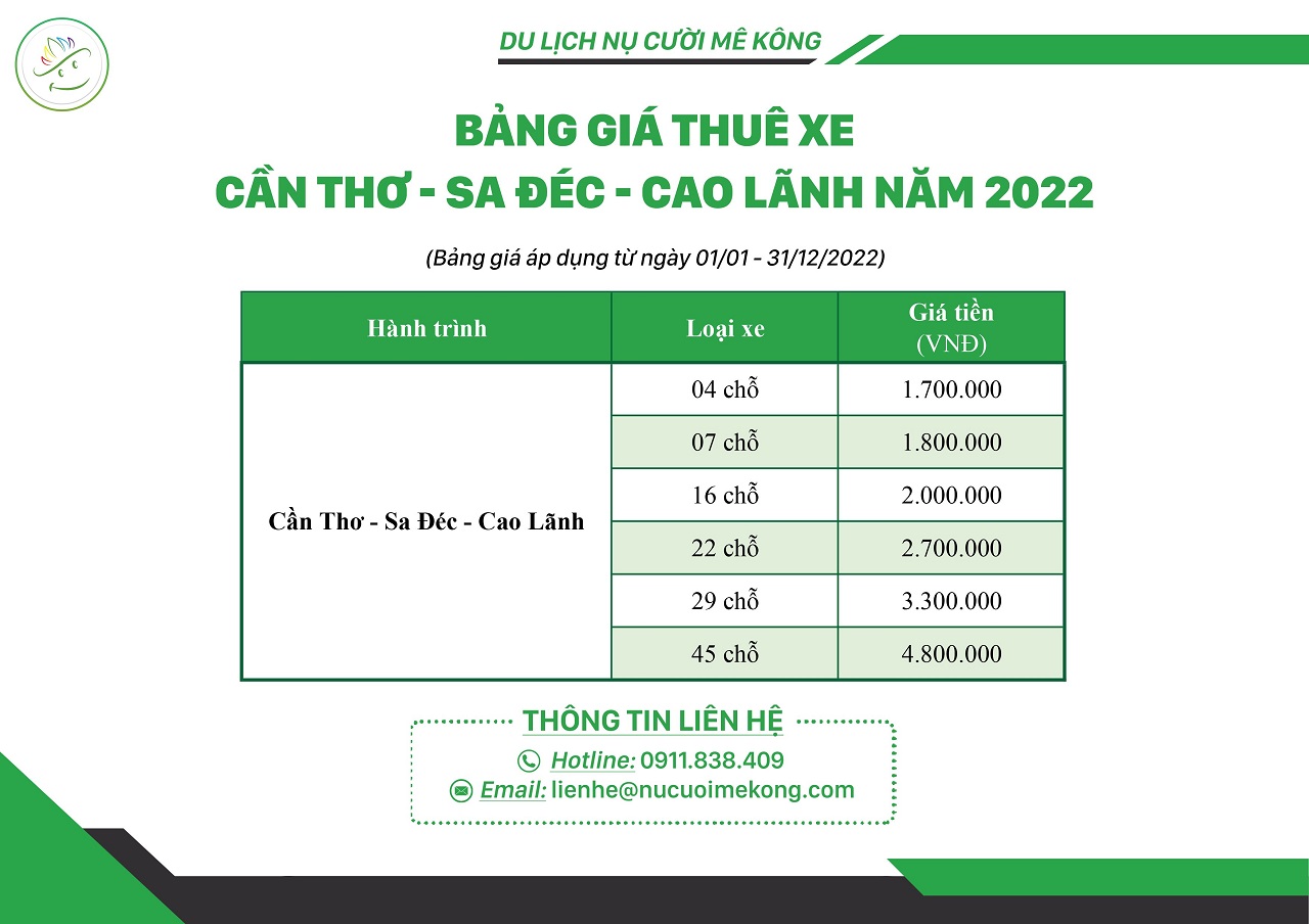 Bảng giá thuê xe du lịch đi Đồng Tháp từ Cần Thơ 2022