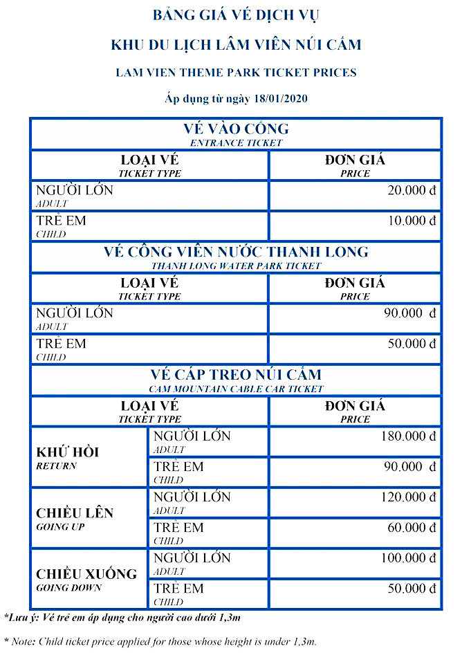 Bảng giá vé dịch vụ khu du lịch Lâm Viên