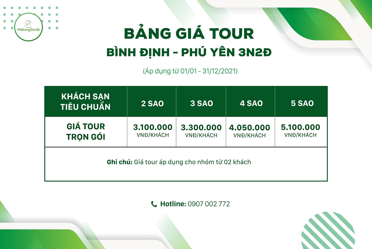 Bảng giá tour Quy Nhơn Phú Yên 3 ngày 2 đêm